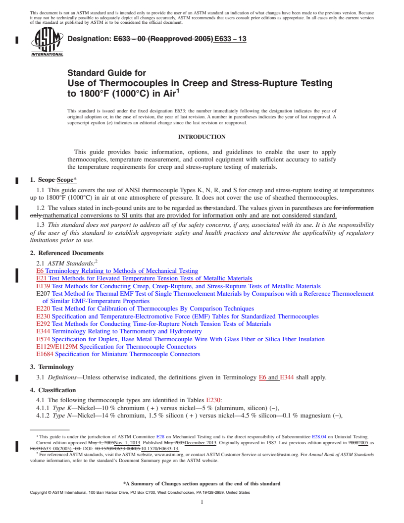 REDLINE ASTM E633-13 - Standard Guide for  Use of Thermocouples in Creep and Stress-Rupture Testing to  1800&deg;F (1000&deg;C) in Air