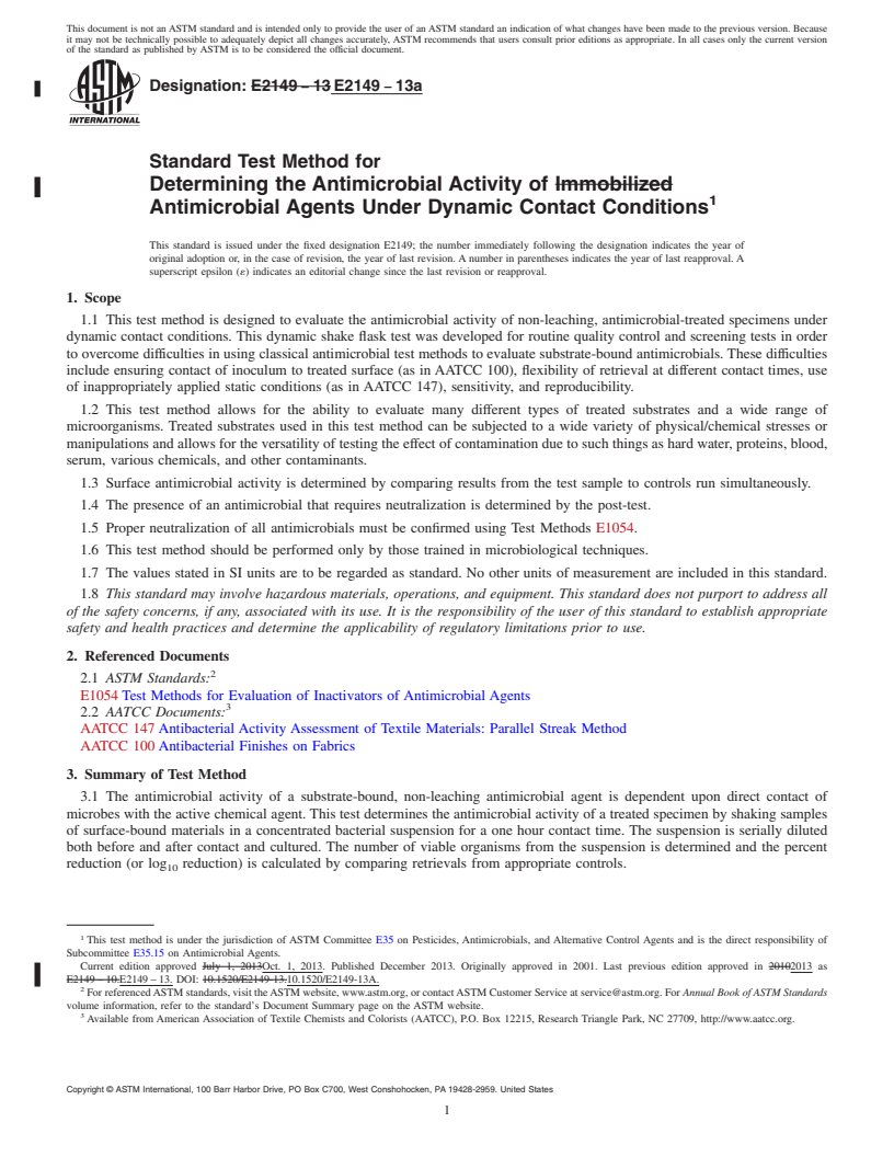 REDLINE ASTM E2149-13a - Standard Test Method for  Determining the Antimicrobial Activity of Antimicrobial Agents  Under Dynamic Contact Conditions