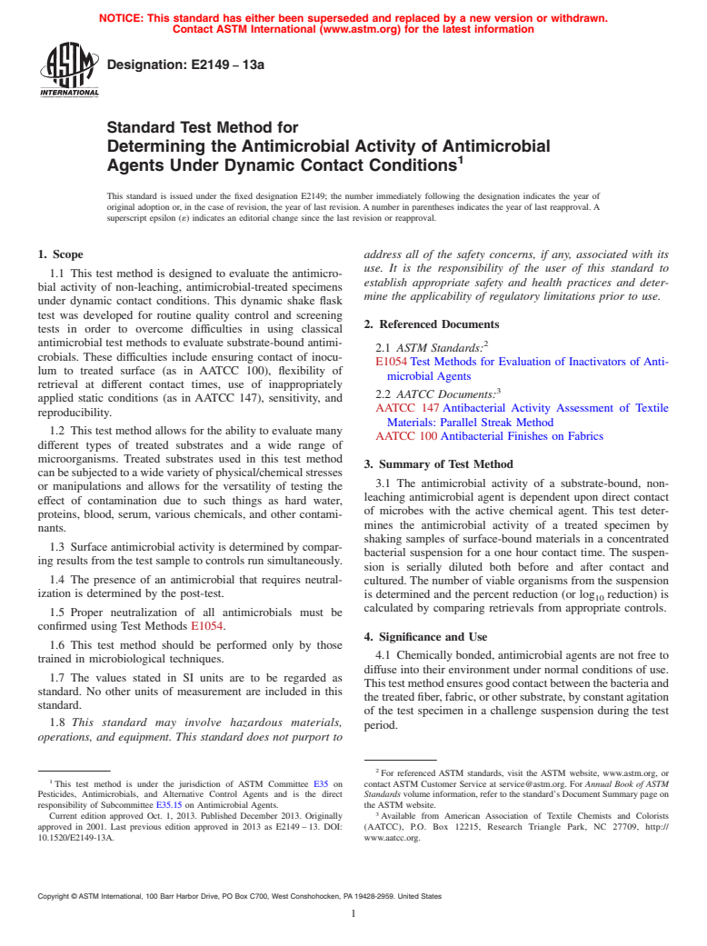 ASTM E2149-13a - Standard Test Method for  Determining the Antimicrobial Activity of Antimicrobial Agents  Under Dynamic Contact Conditions
