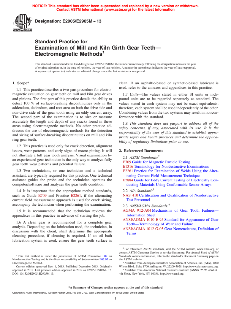 ASTM E2905/E2905M-13 - Standard Practice for Examination of Mill and Kiln Girth Gear Teeth&mdash;Electromagnetic  Methods