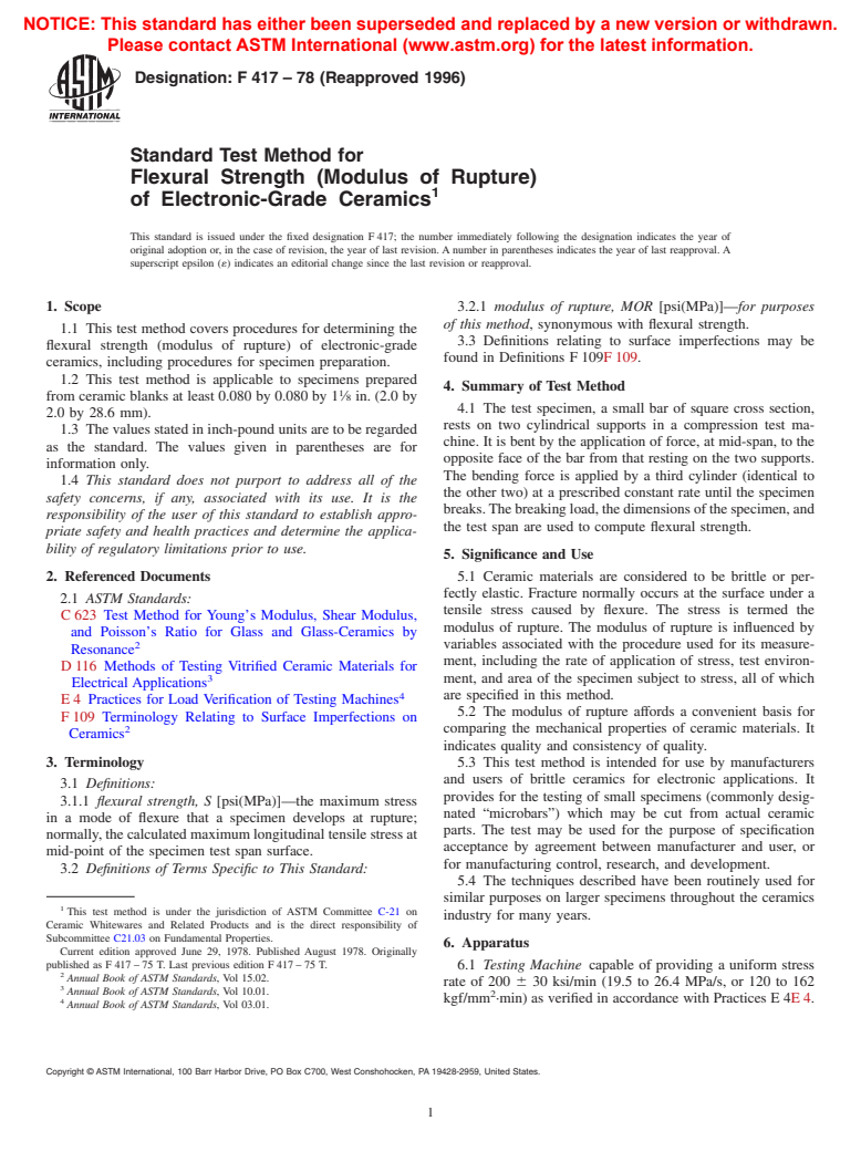 ASTM F417-78(1996) - Test Method for Flexural Strength (Modulus of ...