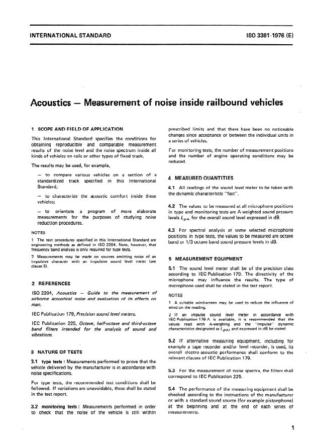 ISO 3381:1976 - Acoustics -- Measurement of noise inside railbound vehicles