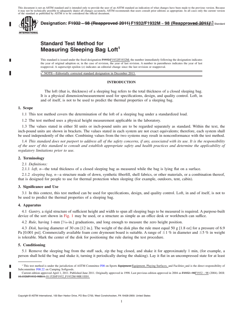 REDLINE ASTM F1932/F1932M-98(2011)e1 - Standard Test Method for Measuring Sleeping Bag Loft