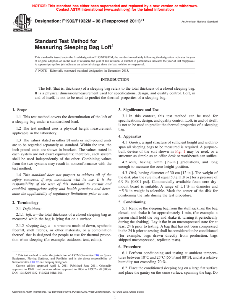 ASTM F1932/F1932M-98(2011)e1 - Standard Test Method for Measuring Sleeping Bag Loft