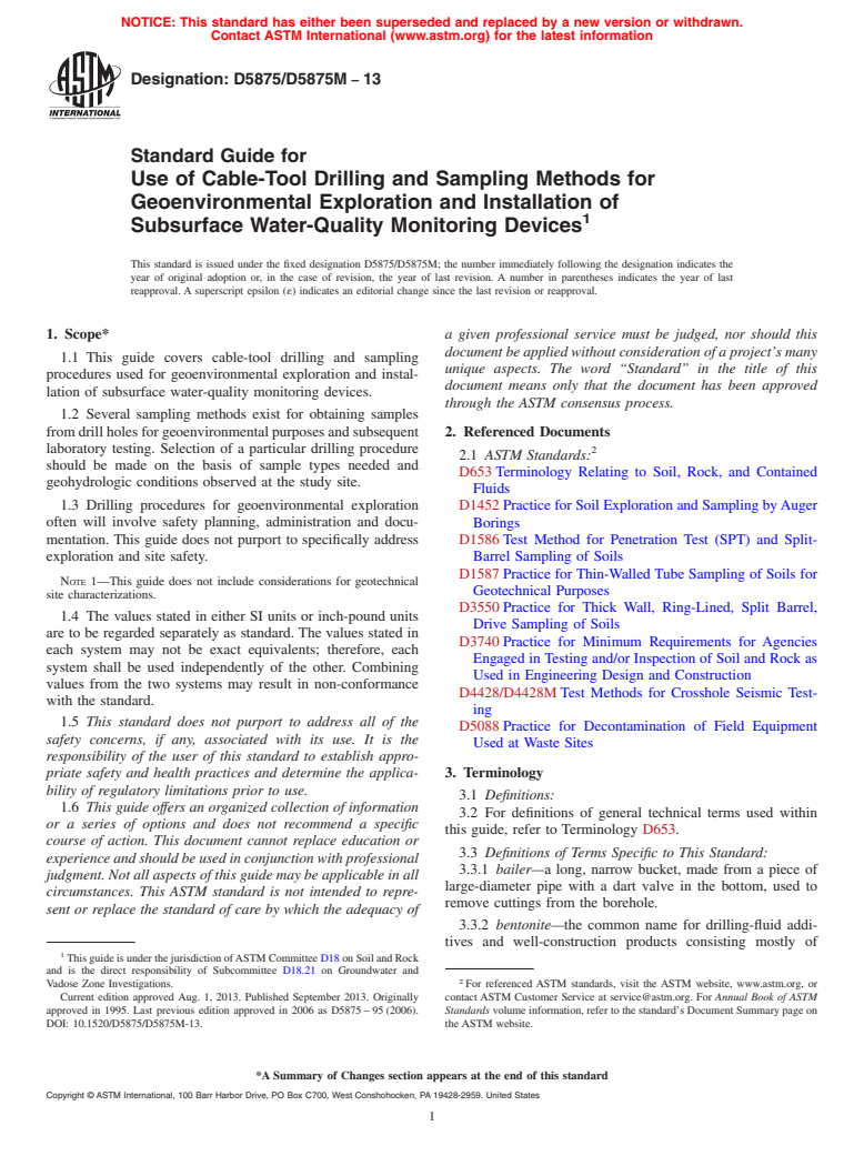 ASTM D5875/D5875M-13 - Standard Guide for  Use of Cable-Tool Drilling and Sampling Methods for Geoenvironmental Exploration and Installation of Subsurface Water-Quality Monitoring Devices