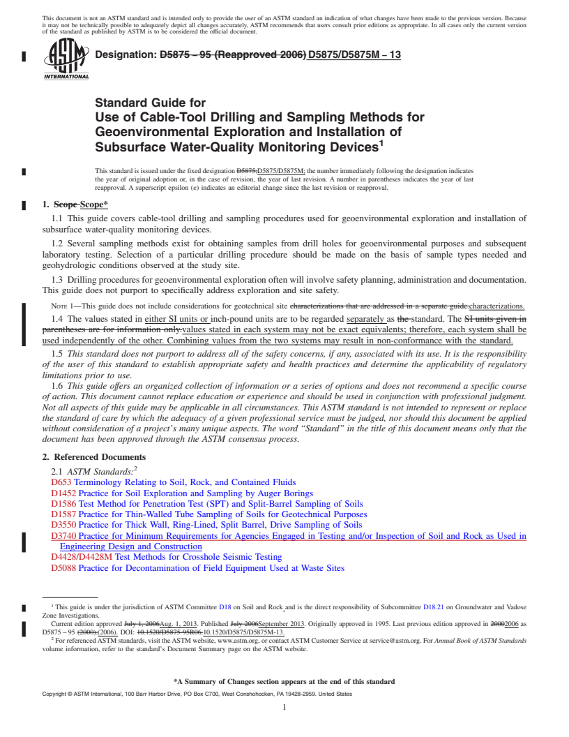 REDLINE ASTM D5875/D5875M-13 - Standard Guide for  Use of Cable-Tool Drilling and Sampling Methods for Geoenvironmental Exploration and Installation of Subsurface Water-Quality Monitoring Devices