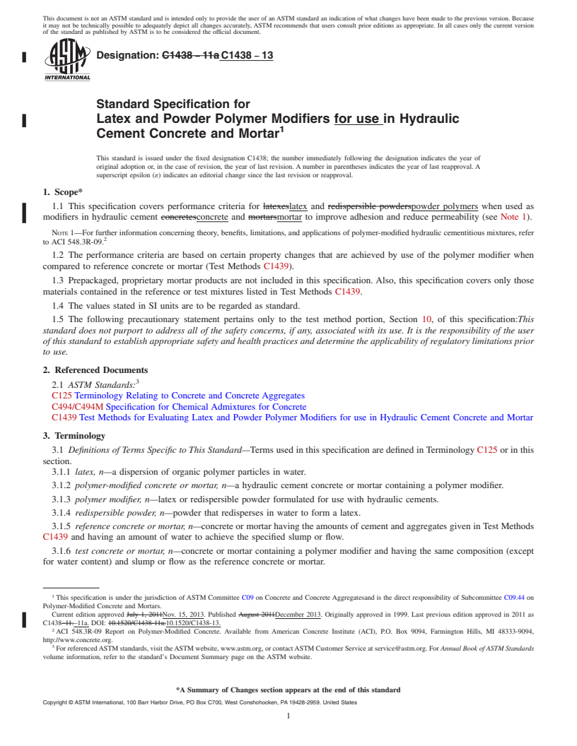 REDLINE ASTM C1438-13 - Standard Specification for  Latex and Powder Polymer Modifiers for use in Hydraulic Cement  Concrete and Mortar