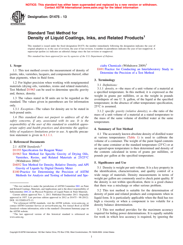 ASTM D1475-13 - Standard Test Method For Density of Liquid Coatings, Inks, and Related Products