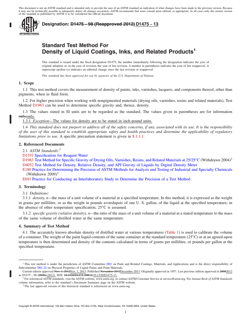 REDLINE ASTM D1475-13 - Standard Test Method For Density of Liquid Coatings, Inks, and Related Products