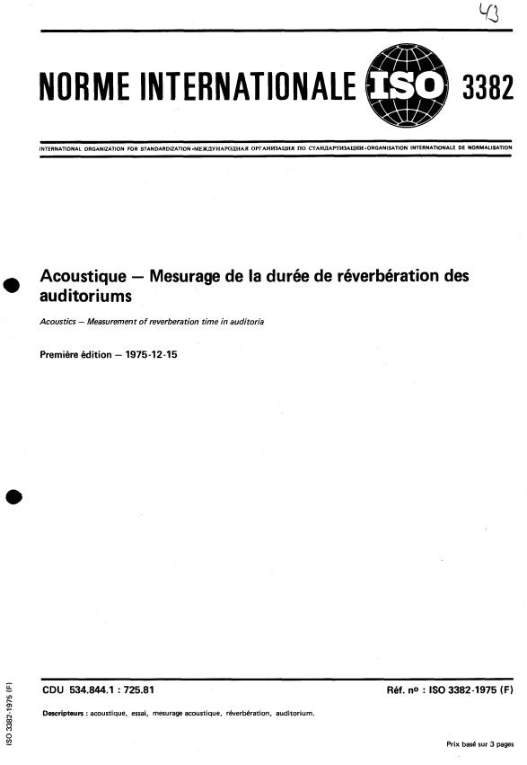 ISO 3382:1975 - Acoustique -- Mesurage de la durée de réverbération des auditoriums