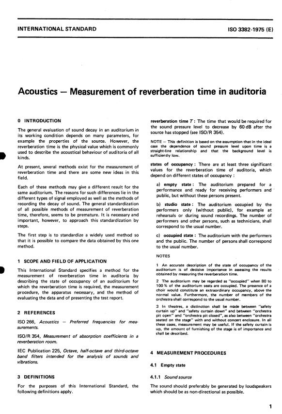 ISO 3382:1975 - Acoustics -- Measurement of reverberation time in auditoria