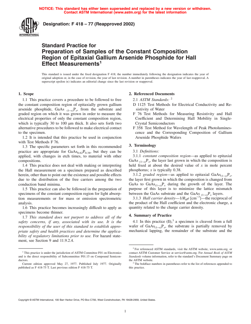 ASTM F418-77(2002) - Standard Practice for Preparation of Samples of the Constant Composition Region of Epitaxial Gallium Arsenide Phosphide for Hall Effect Measurements (Withdrawn 2008)