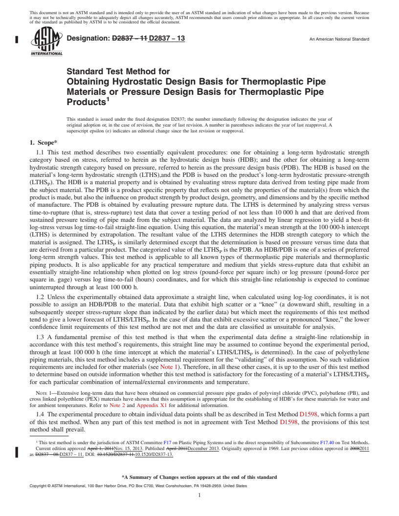 REDLINE ASTM D2837-13 - Standard Test Method for  Obtaining Hydrostatic Design Basis for Thermoplastic Pipe Materials   or Pressure Design Basis for Thermoplastic Pipe Products