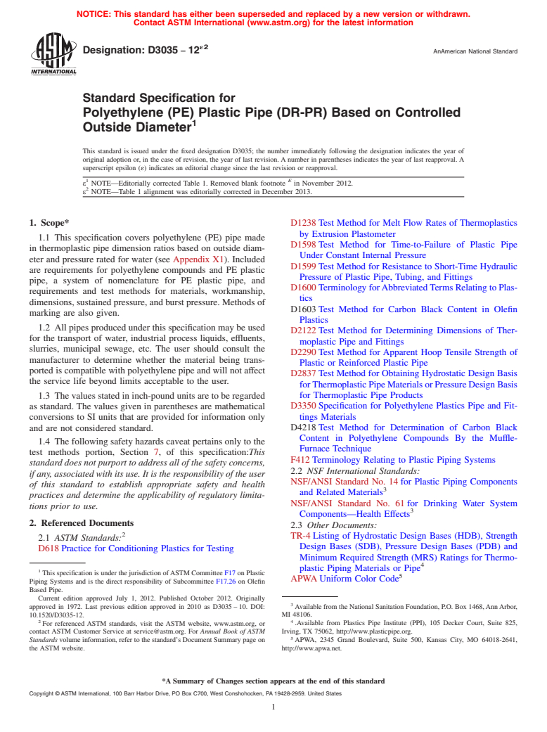 ASTM D3035-12e2 - Standard Specification for  Polyethylene (PE) Plastic Pipe (DR-PR) Based on Controlled   Outside Diameter