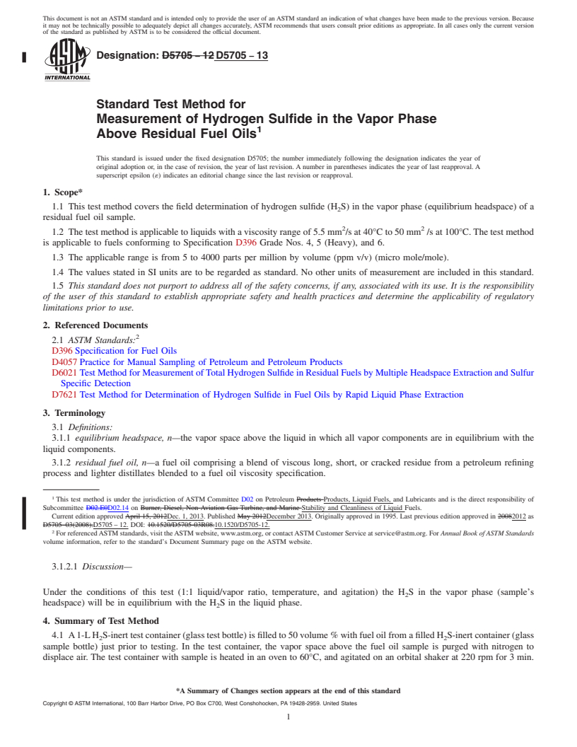 REDLINE ASTM D5705-13 - Standard Test Method for  Measurement of Hydrogen Sulfide in the Vapor Phase Above Residual  Fuel Oils