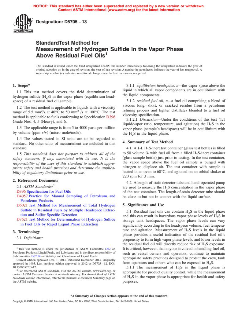 ASTM D5705-13 - Standard Test Method for  Measurement of Hydrogen Sulfide in the Vapor Phase Above Residual  Fuel Oils