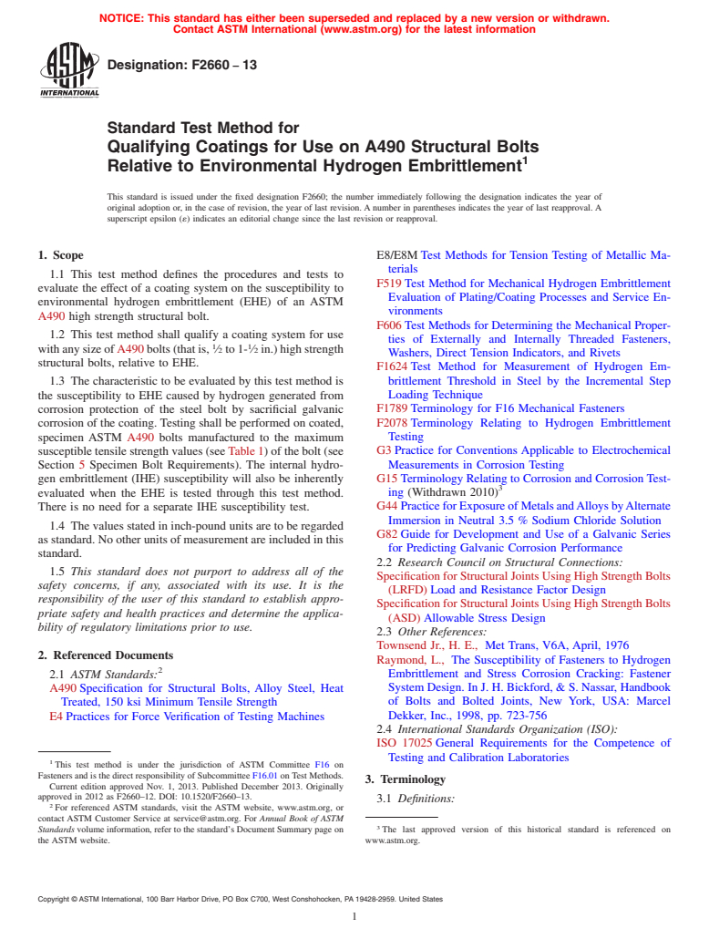 ASTM F2660-13 - Standard Test Method for Qualifying Coatings for Use on A490 Structural Bolts Relative  to Environmental Hydrogen Embrittlement