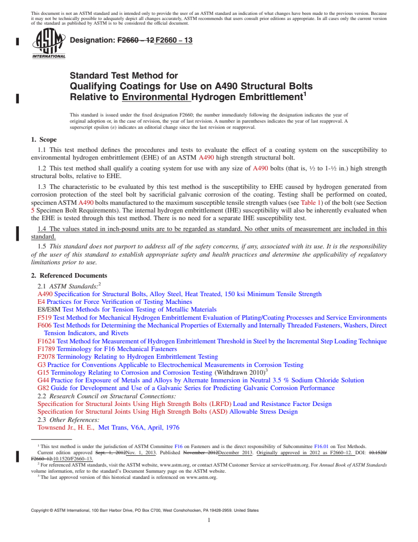 REDLINE ASTM F2660-13 - Standard Test Method for Qualifying Coatings for Use on A490 Structural Bolts Relative  to Environmental Hydrogen Embrittlement