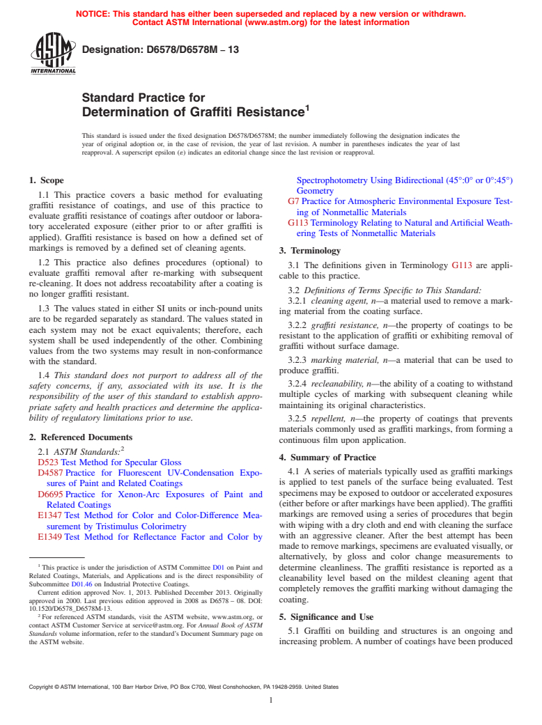 ASTM D6578/D6578M-13 - Standard Practice for Determination of Graffiti Resistance