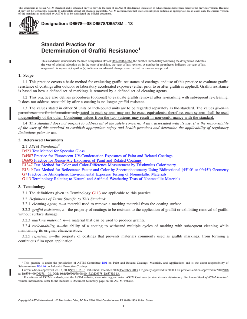 REDLINE ASTM D6578/D6578M-13 - Standard Practice for Determination of Graffiti Resistance