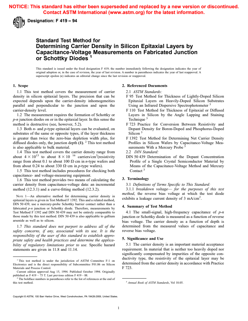 ASTM F419-94 - Test Method for Determining Carrier Density in Silicon Epitaxial Layers by Capacitance-Voltage Measurements on Fabricated Junction or Schottky Diodes (Withdrawn 2001)