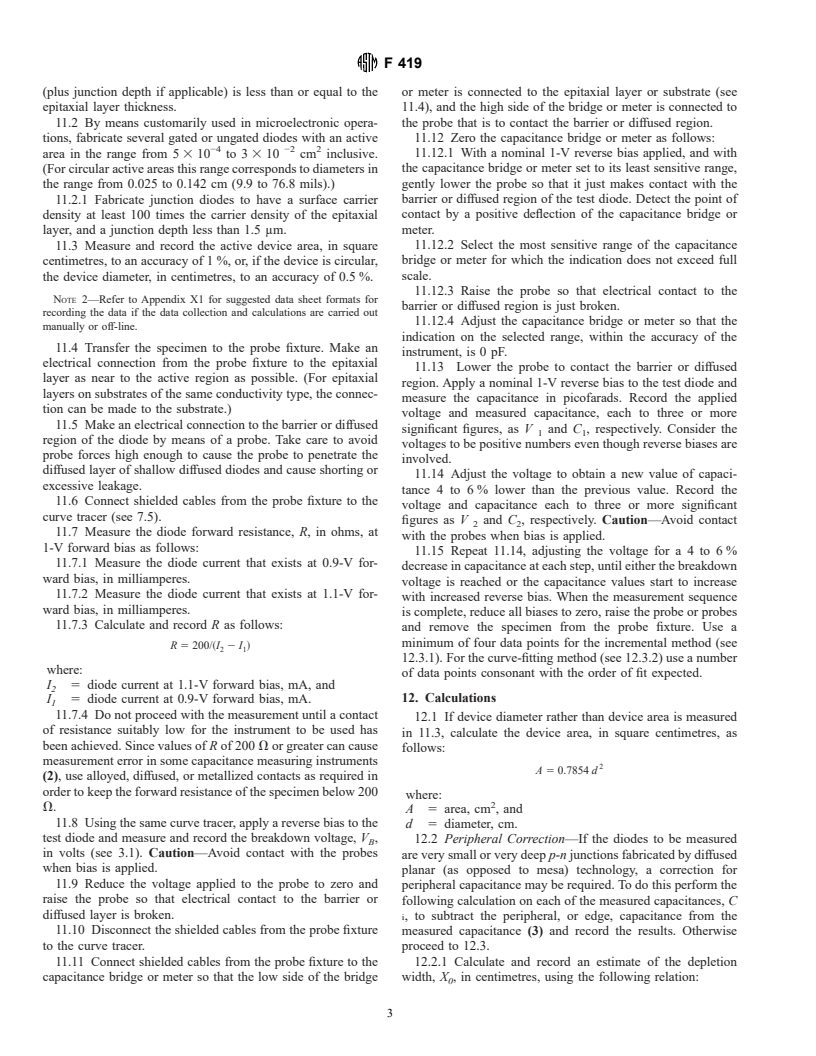 ASTM F419-94 - Test Method for Determining Carrier Density in Silicon Epitaxial Layers by Capacitance-Voltage Measurements on Fabricated Junction or Schottky Diodes (Withdrawn 2001)