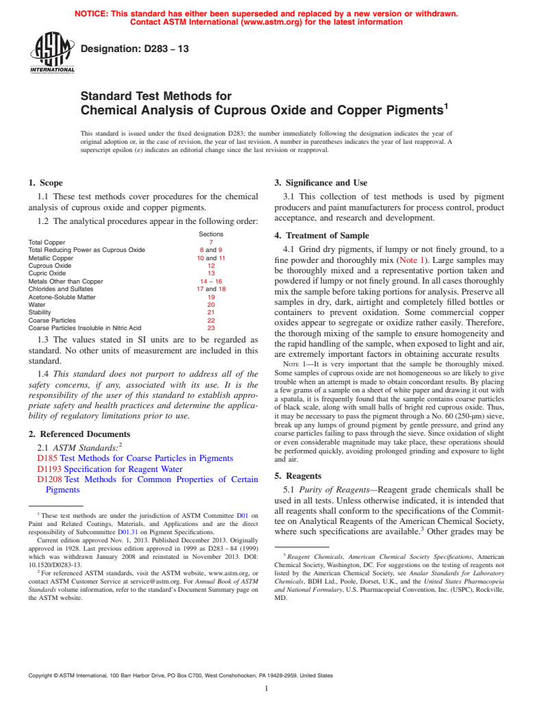 ASTM D283-13 - Standard Test Methods for Chemical Analysis of Cuprous Oxide and Copper Pigments