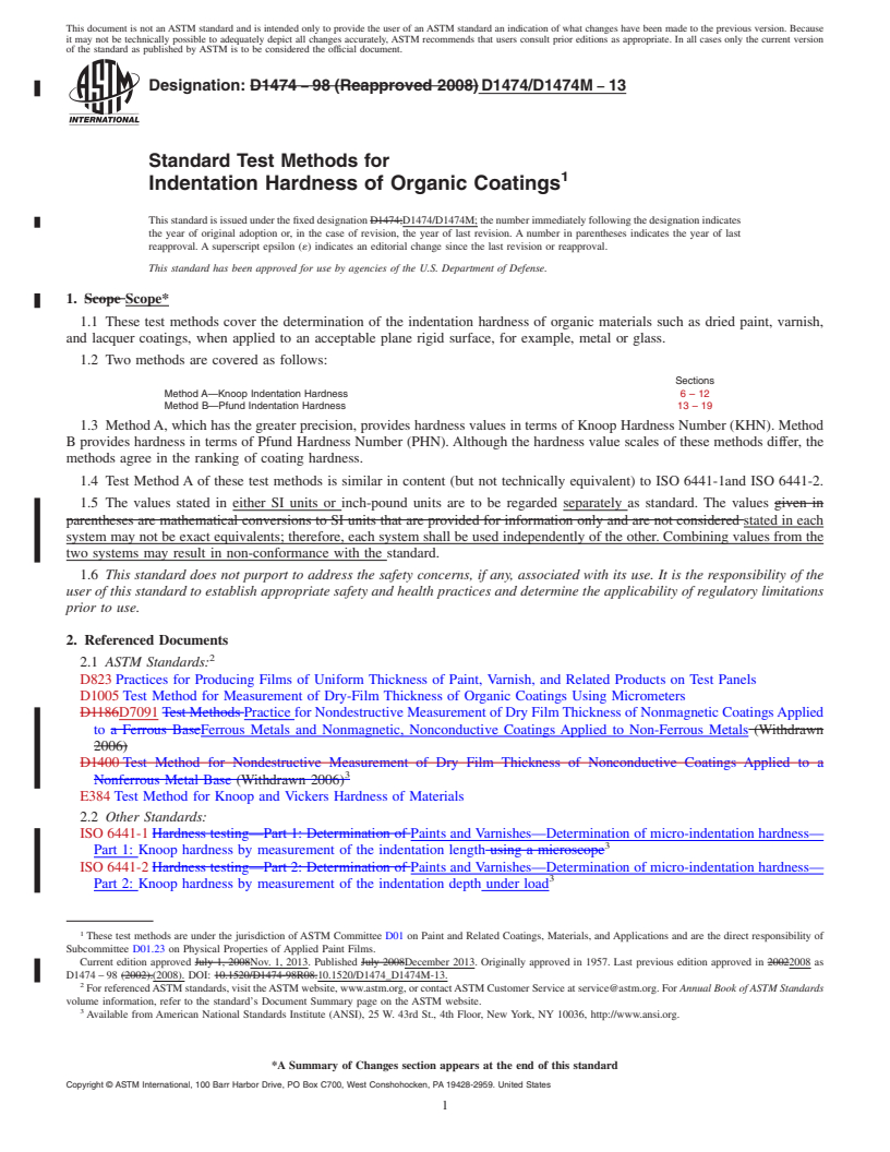 REDLINE ASTM D1474/D1474M-13 - Standard Test Methods for  Indentation Hardness of Organic Coatings