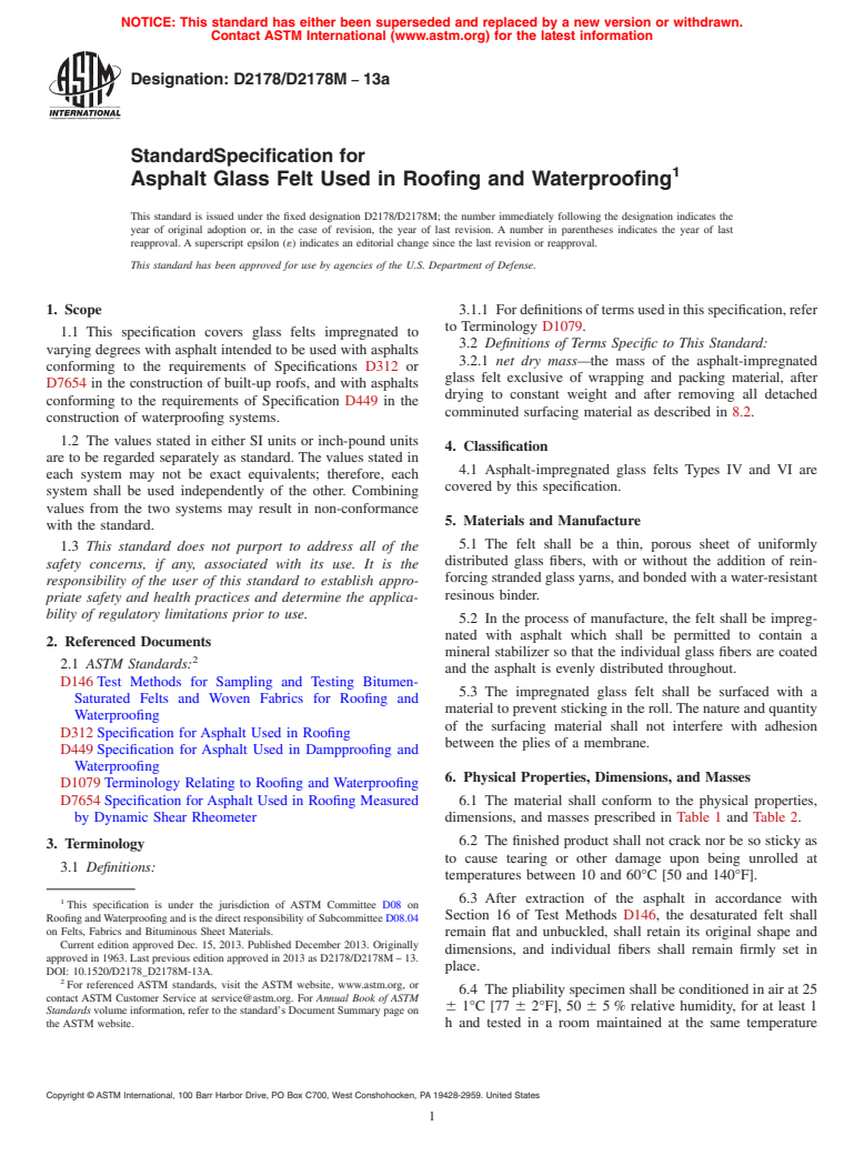 ASTM D2178/D2178M-13a - Standard Specification for  Asphalt Glass Felt Used in Roofing and Waterproofing