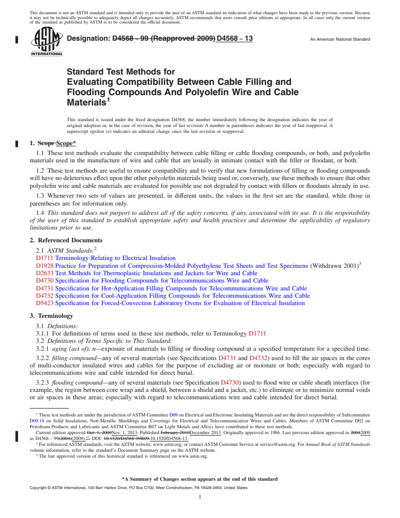 REDLINE ASTM D4568-13 - Standard Test Methods for  Evaluating Compatibility Between Cable Filling and Flooding  Compounds And Polyolefin Wire and Cable Materials