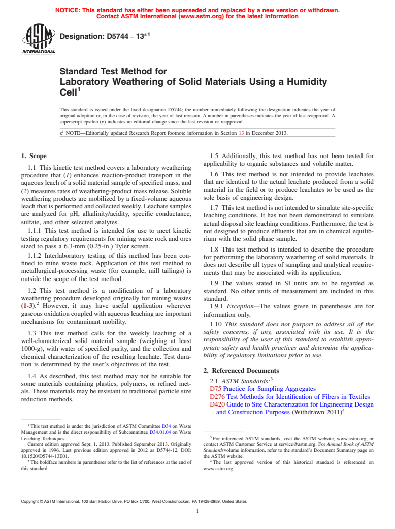 ASTM D5744-13e1 - Standard Test Method for  Laboratory Weathering of Solid Materials Using a Humidity Cell