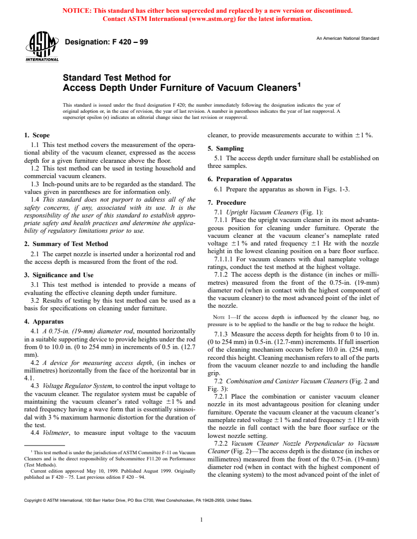 ASTM F420-99 - Standard Test Method for Access Depth Under Furniture of Vacuum Cleaners