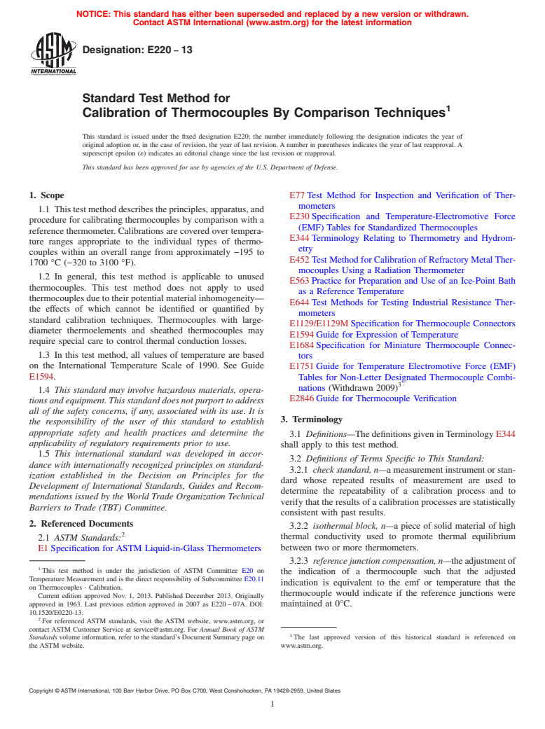 ASTM E220-13 - Standard Test Method for  Calibration of Thermocouples By Comparison Techniques