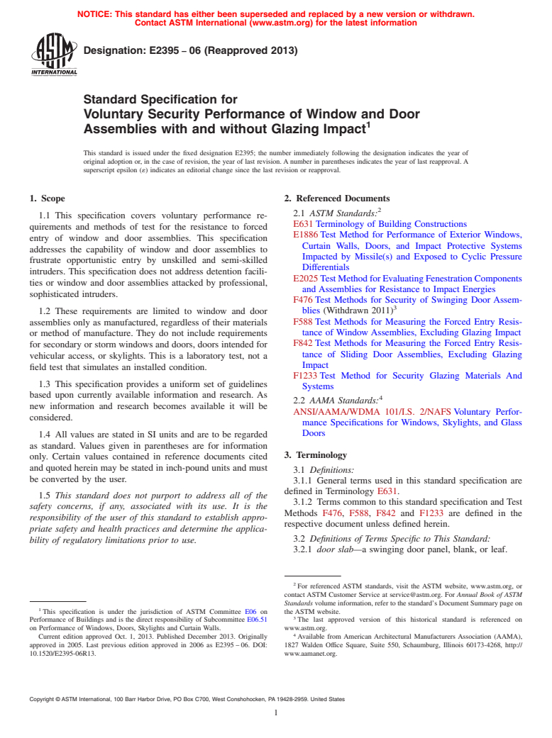 ASTM E2395-06(2013) - Standard Specification for  Voluntary Security Performance of Window and Door Assemblies  with and without Glazing Impact