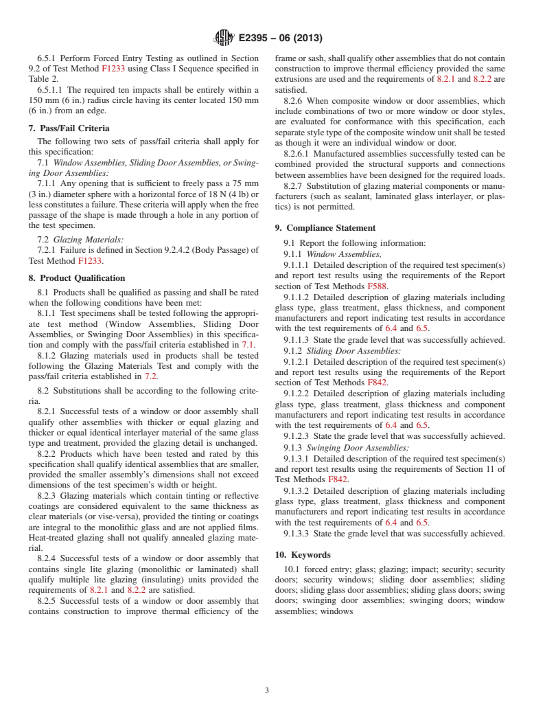 ASTM E2395-06(2013) - Standard Specification for  Voluntary Security Performance of Window and Door Assemblies  with and without Glazing Impact