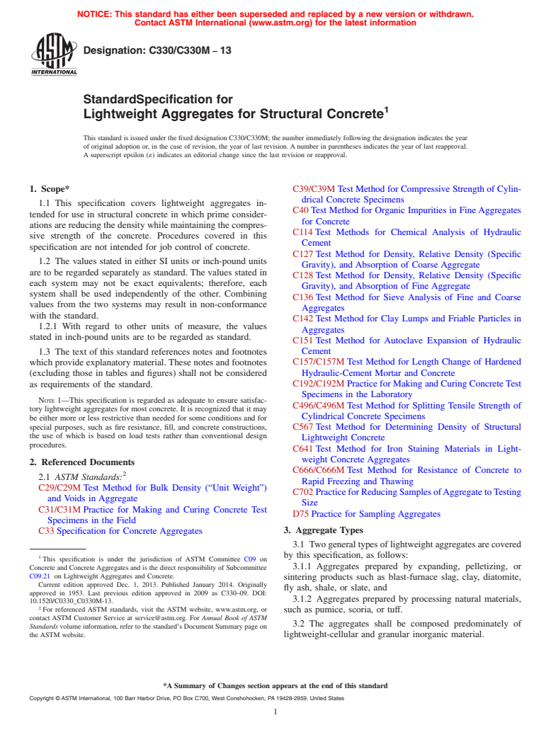 ASTM C330/C330M-13 - Standard Specification for  Lightweight Aggregates for Structural Concrete