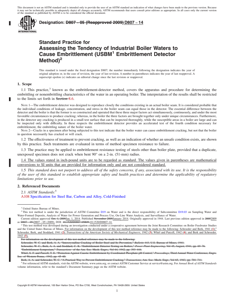 REDLINE ASTM D807-14 - Standard Practice for Assessing the Tendency of Industrial Boiler Waters to Cause Embrittlement (USBM Embrittlement Detector Method)