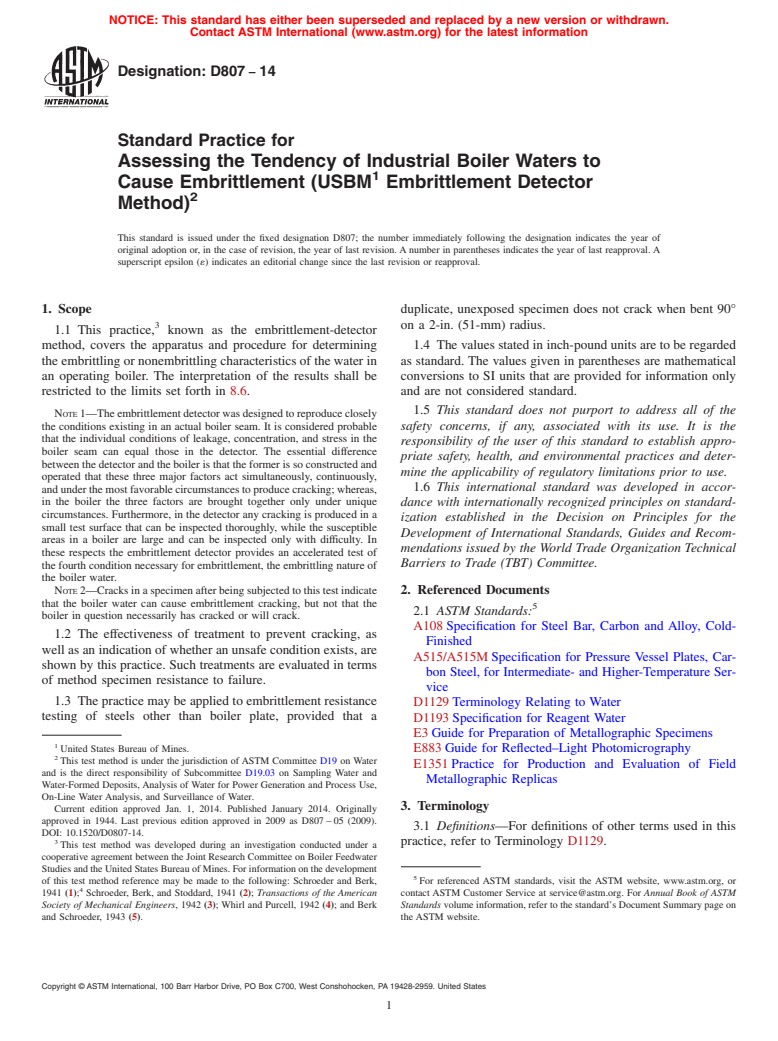 ASTM D807-14 - Standard Practice for Assessing the Tendency of Industrial Boiler Waters to Cause Embrittlement (USBM Embrittlement Detector Method)