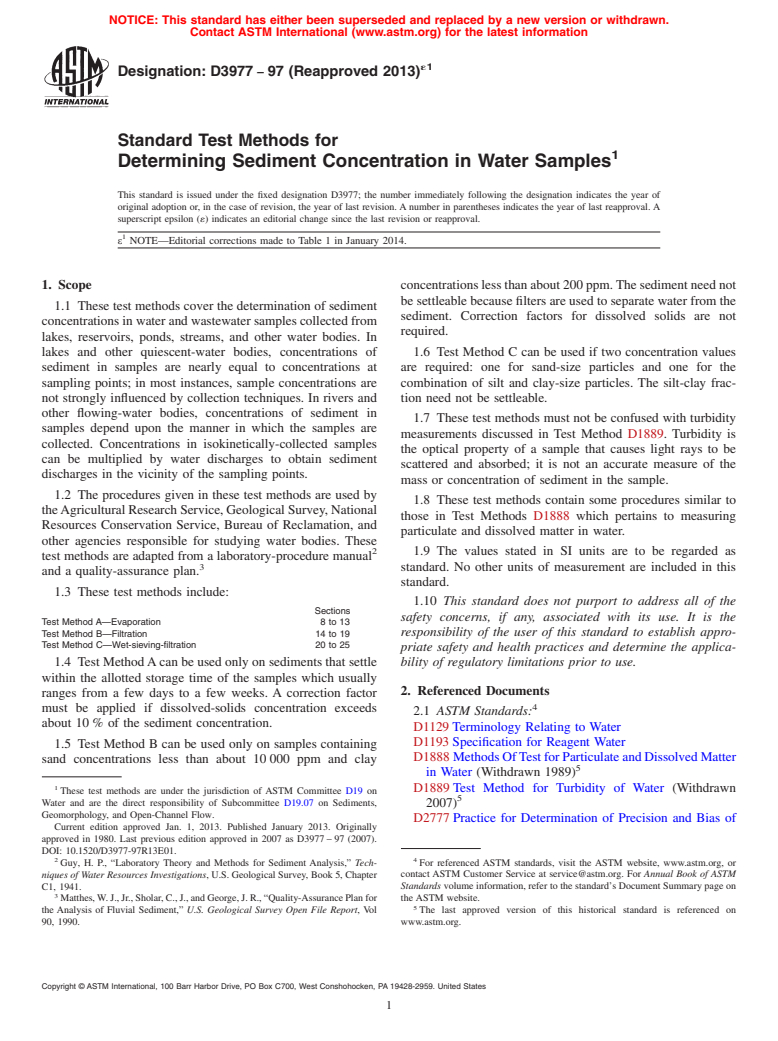 ASTM D3977-97(2013)e1 - Standard Test Methods for  Determining Sediment Concentration in Water Samples