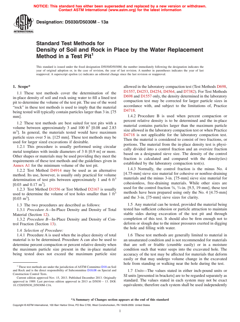 ASTM D5030/D5030M-13a - Standard Test Methods for  Density of Soil and Rock in Place by the Water Replacement   Method in a Test Pit