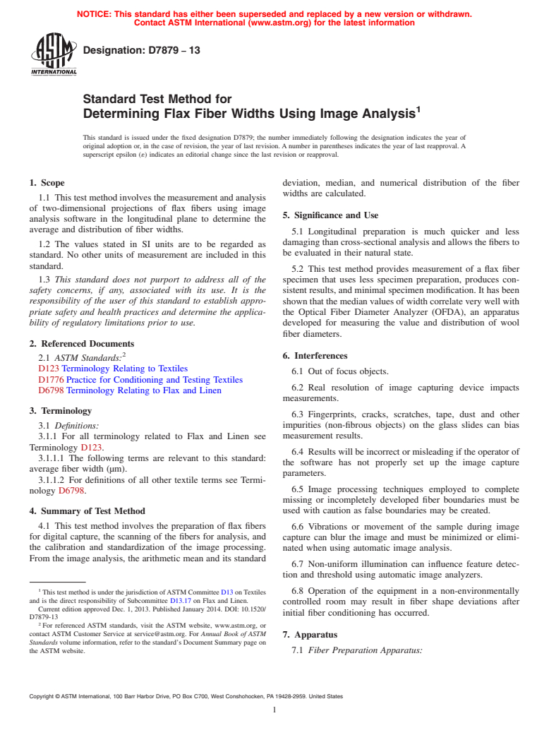 ASTM D7879-13 - Standard Test Method for Determining Flax Fiber Widths Using Image Analysis