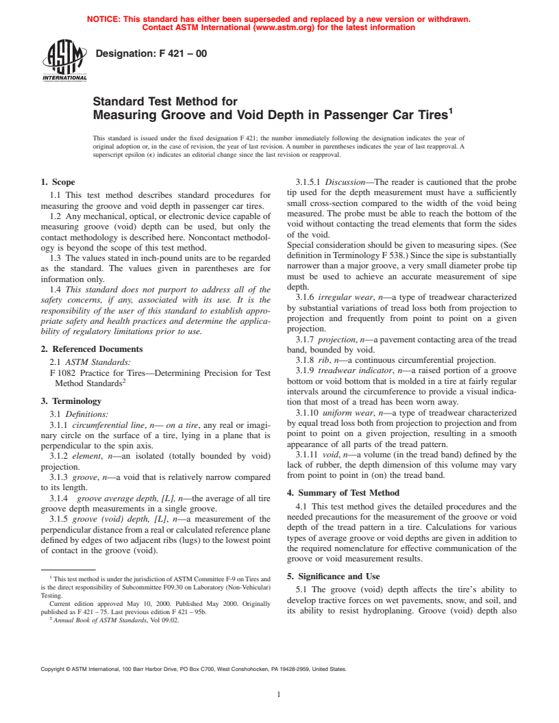 ASTM F421-00 - Standard Test Method for Measuring Groove and Void Depth in Passenger Car Tires