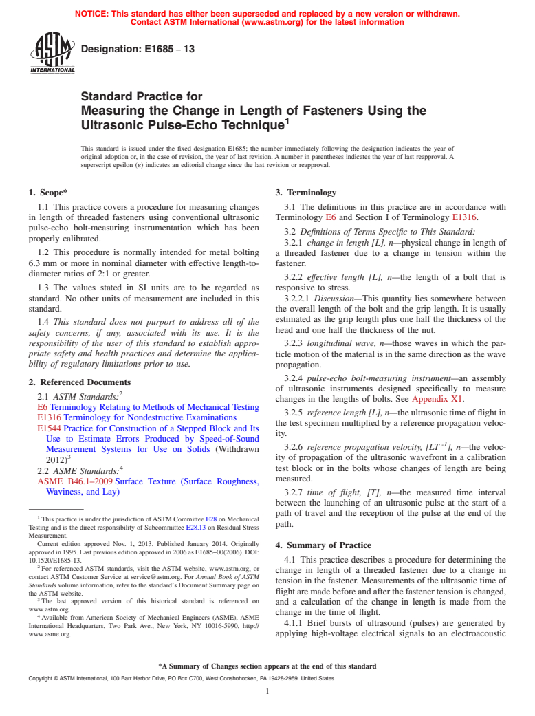 ASTM E1685-13 - Standard Practice for  Measuring the Change in Length of Fasteners Using the Ultrasonic  Pulse-Echo Technique