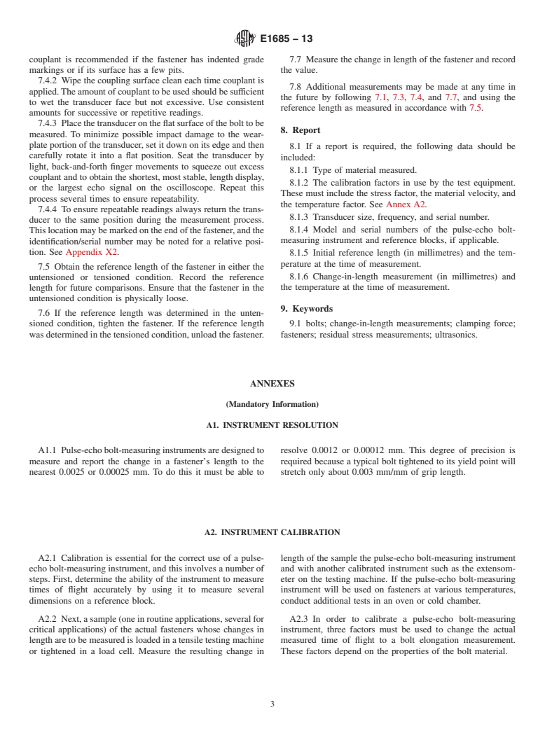 ASTM E1685-13 - Standard Practice for  Measuring the Change in Length of Fasteners Using the Ultrasonic  Pulse-Echo Technique