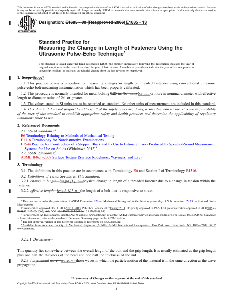 REDLINE ASTM E1685-13 - Standard Practice for  Measuring the Change in Length of Fasteners Using the Ultrasonic  Pulse-Echo Technique