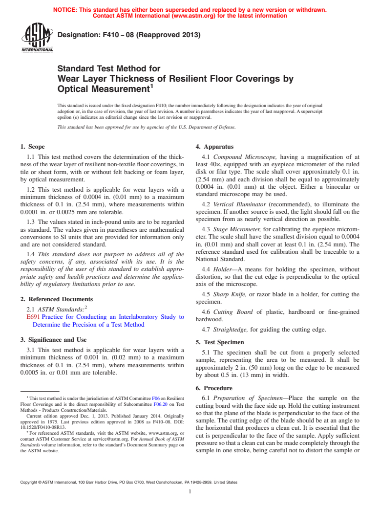 ASTM F410-08(2013) - Standard Test Method for  Wear Layer Thickness of Resilient Floor Coverings by Optical  Measurement