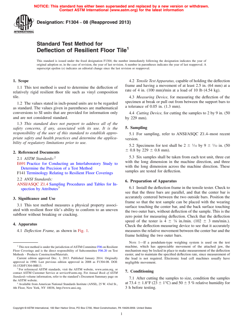 ASTM F1304-08(2013) - Standard Test Method for  Deflection of Resilient Floor Tile