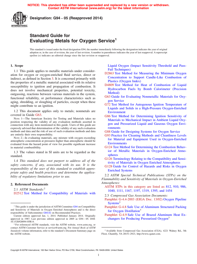 ASTM G94-05(2014) - Standard Guide for  Evaluating Metals for Oxygen Service