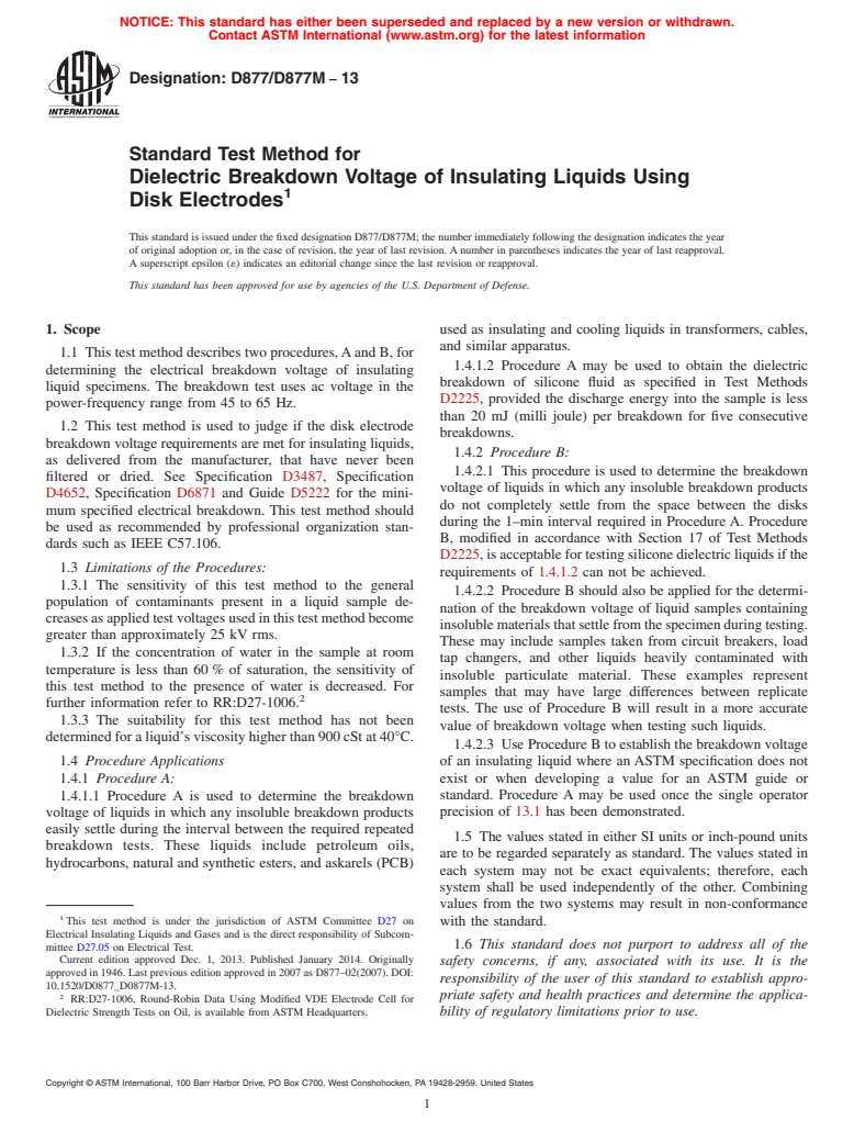 ASTM D877/D877M-13 - Standard Test Method for Dielectric Breakdown Voltage of Insulating Liquids Using Disk Electrodes