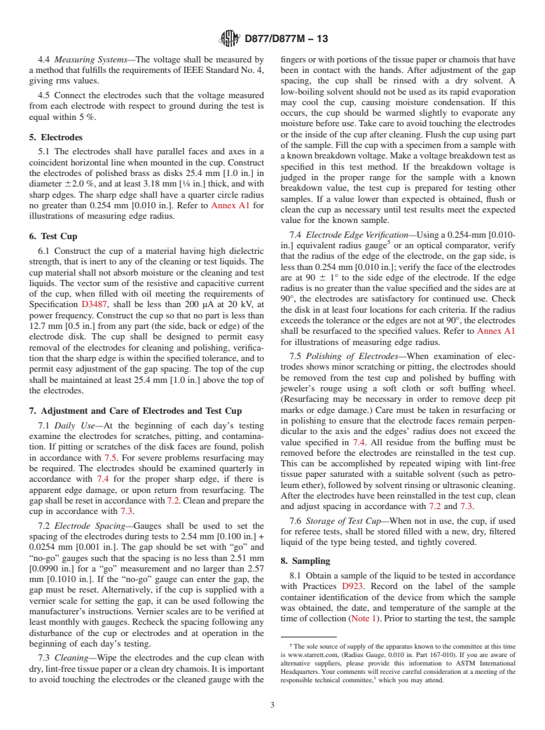 ASTM D877/D877M-13 - Standard Test Method for Dielectric Breakdown Voltage of Insulating Liquids Using Disk Electrodes